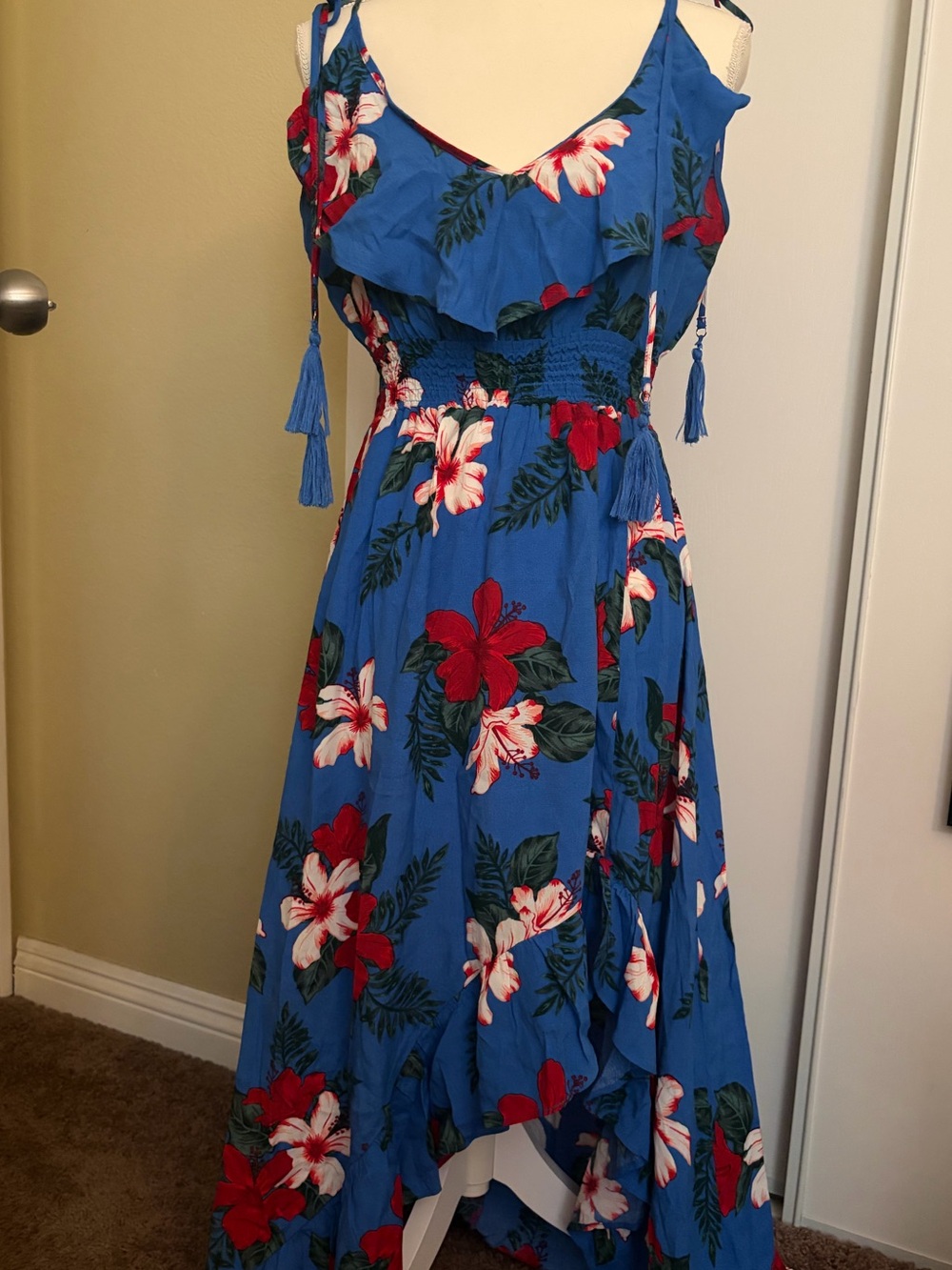 Guess Blue Tropical Floral High-Low Maxi Dress